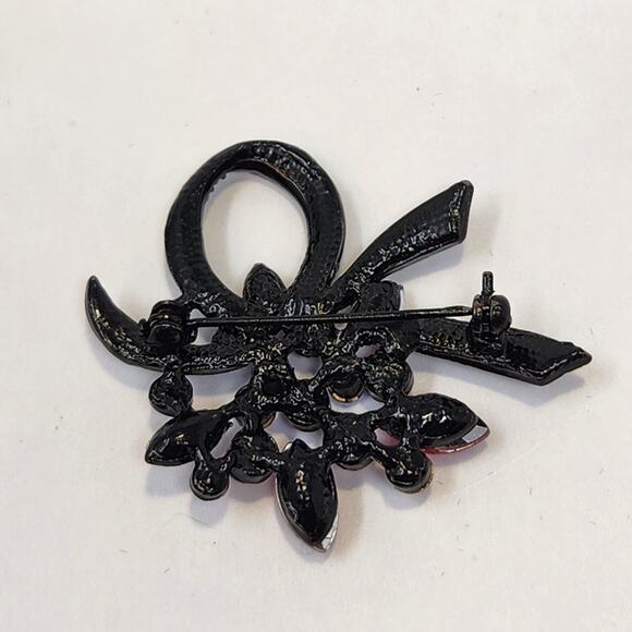 Aurora Borealis Rhinestone Floral Bow Brooch Pin Black Metal Gothic Vamp Jewelry - Picture 3 of 4